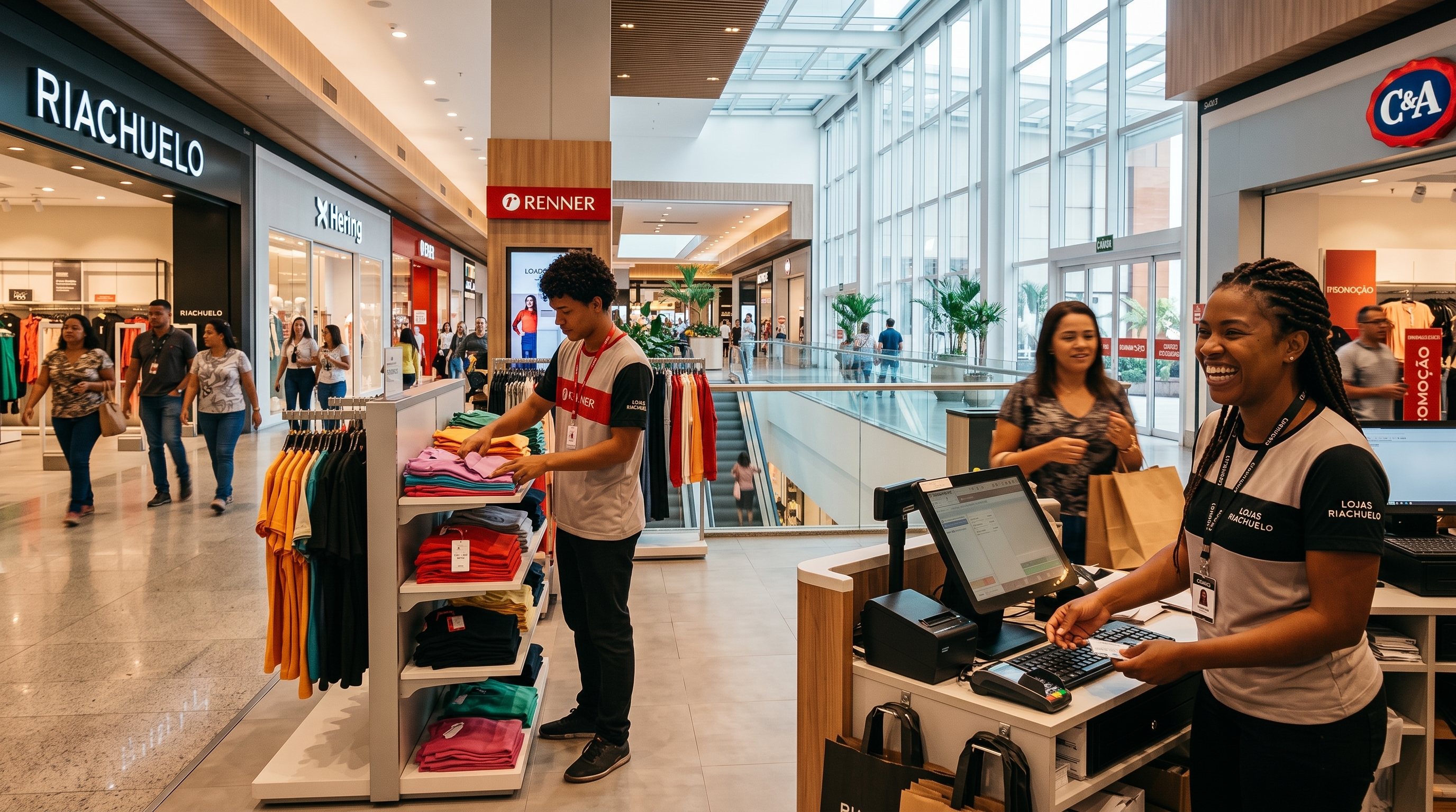 Profissionais do comércio trabalhando em ambiente comercial brasileiro